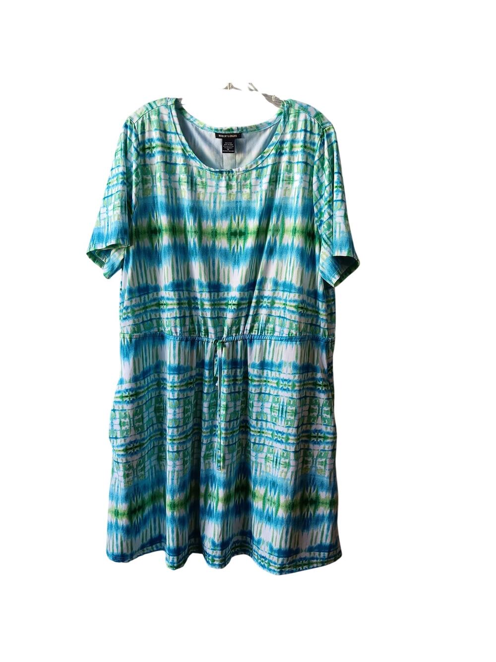 EUC Robert Louis XL Blue White Green Short Sleeve Drawstring Waist Pockets Dress